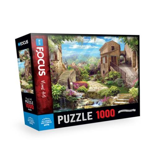 Blue Focus Old Houses And Flowers - Puzzle 1000 Parça