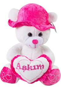 FURRY 45 CM ŞAPKALI KALPLİ PELUŞ AYICIK KAHVE & BEYAZ -